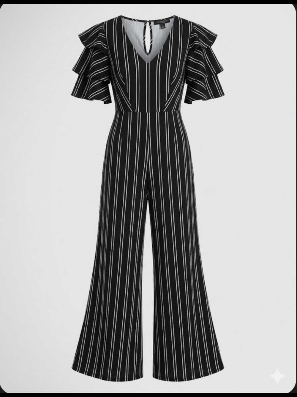 JODIFL Black and White Pinstripe V-Neck Wide-Leg Jumpsuit with Ruffle Sleeves